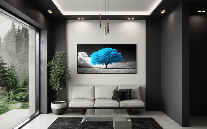 Blue Tree on Black White Background Framed Canvas Wall Art