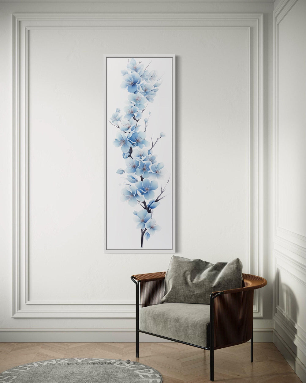 Blue Watercolor Floral Sakura Blossom Vertical Narrow Canvas Wall Art