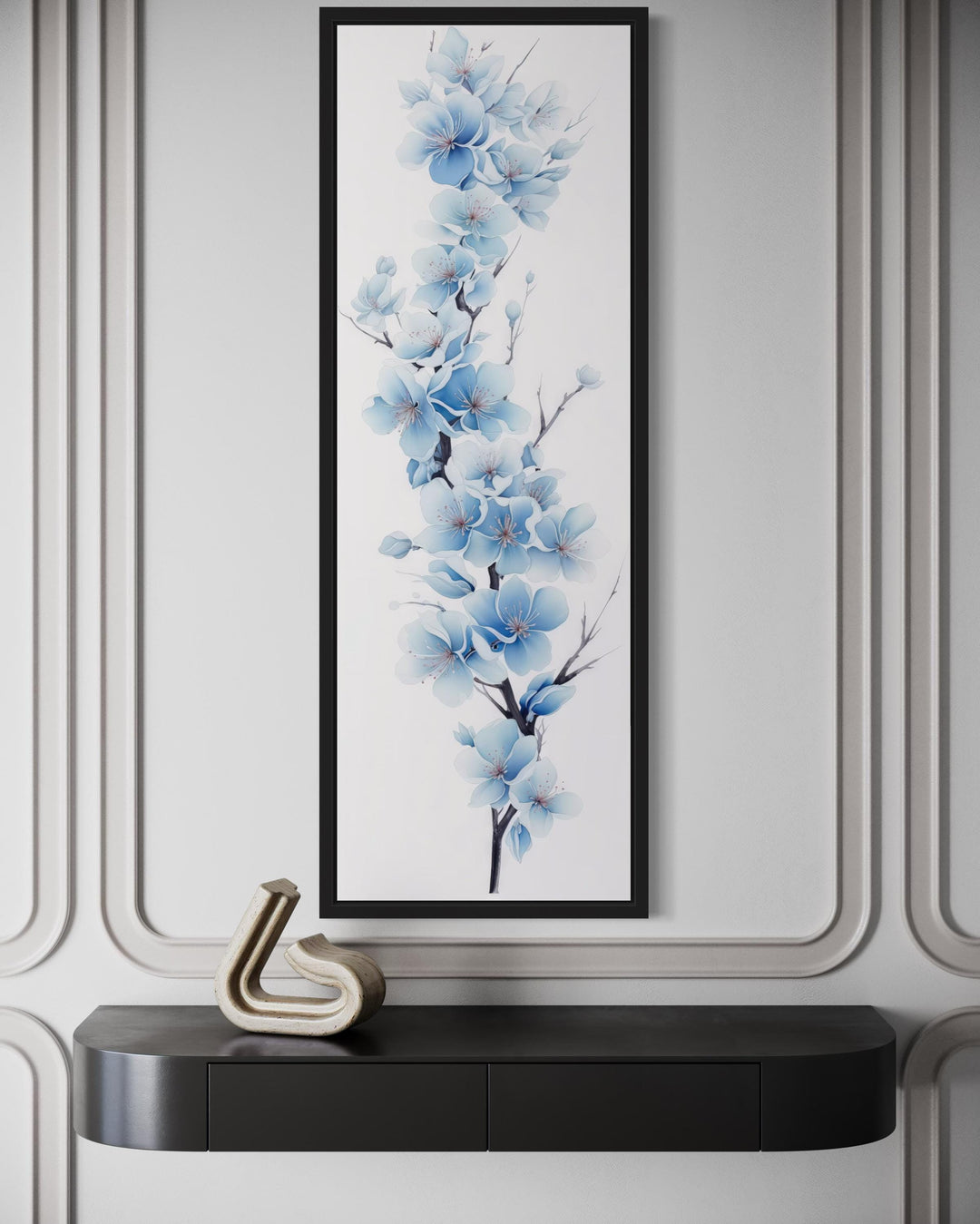 Blue Watercolor Floral Sakura Blossom Vertical Narrow Canvas Wall Art