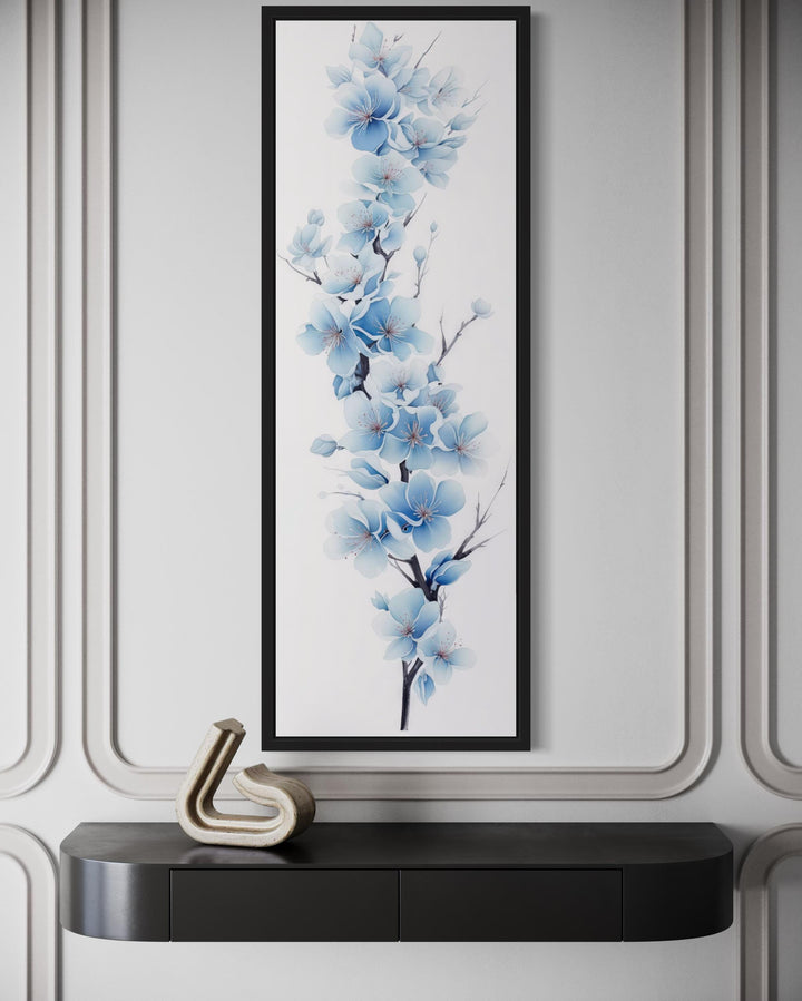 Blue Watercolor Floral Sakura Blossom Vertical Narrow Canvas Wall Art
