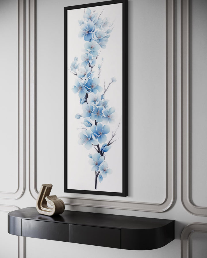 Blue Watercolor Floral Sakura Blossom Vertical Narrow Canvas Wall Art