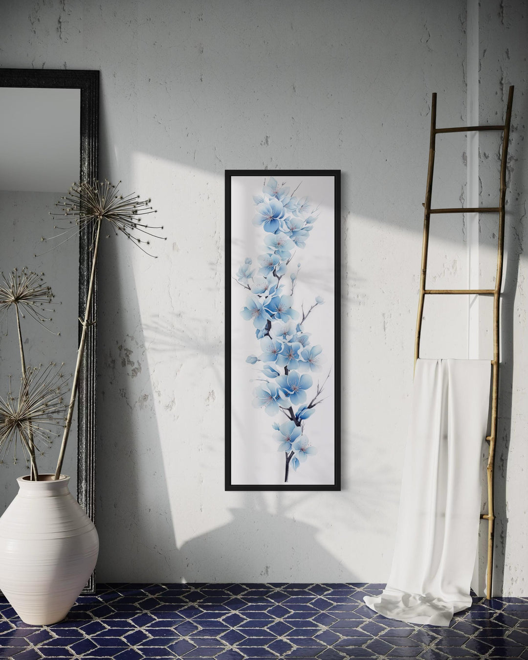 Blue Watercolor Floral Sakura Blossom Vertical Narrow Canvas Wall Art