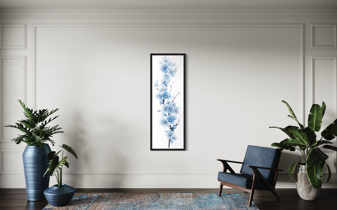 Blue Watercolor Floral Sakura Blossom Vertical Narrow Canvas Wall Art