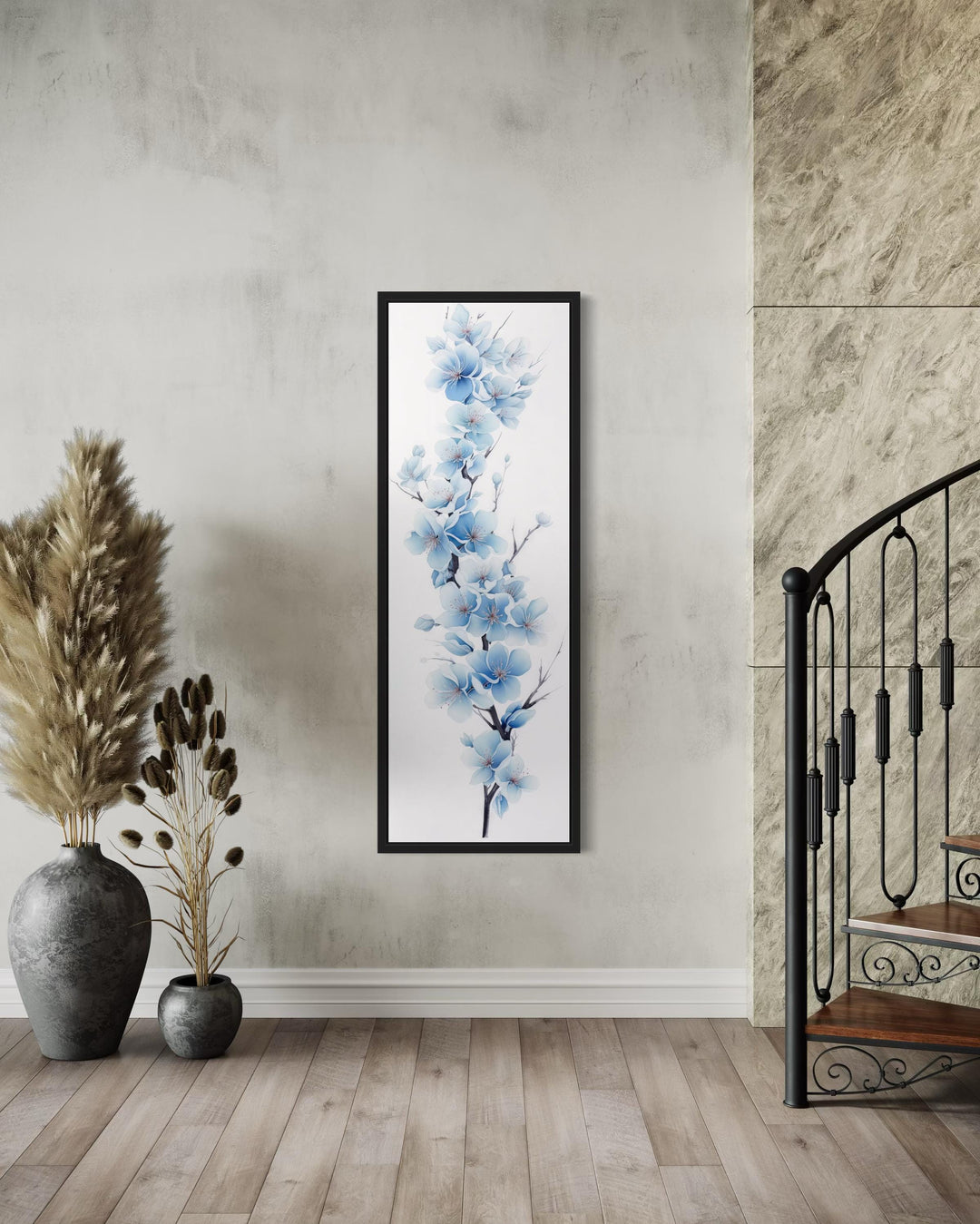 Blue Watercolor Floral Sakura Blossom Vertical Narrow Canvas Wall Art