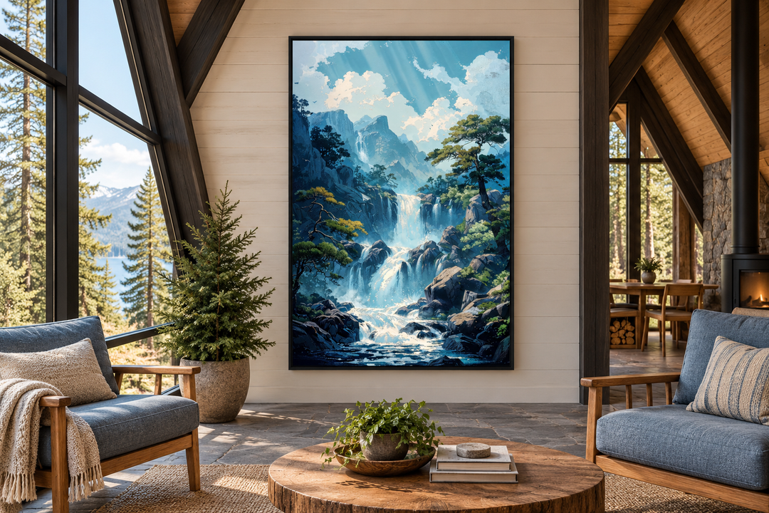 Blue Waterfall Framed Canvas Wall Art in a vertical black frame hanging in a modern cabin sunroom.
