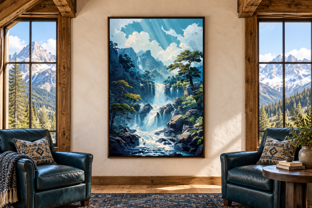 Blue Waterfall Framed Canvas Wall Art in a rustic living room with mountain views.
