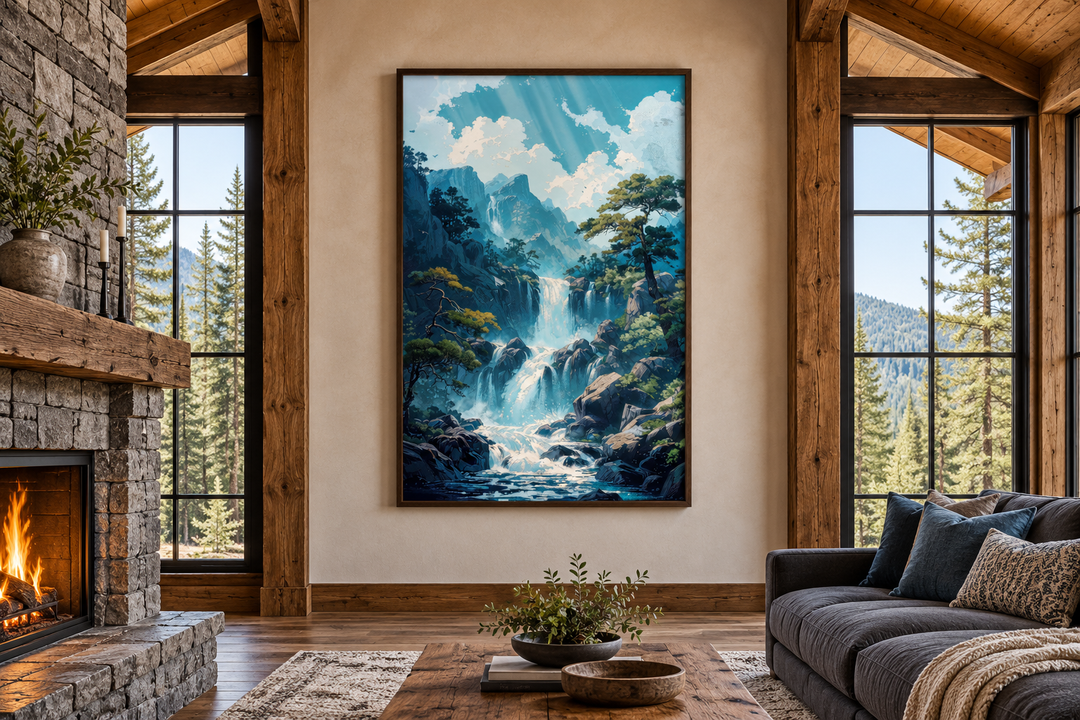 Blue Waterfall Framed Canvas Wall Art hanging in a rustic living room with a stone fireplace.