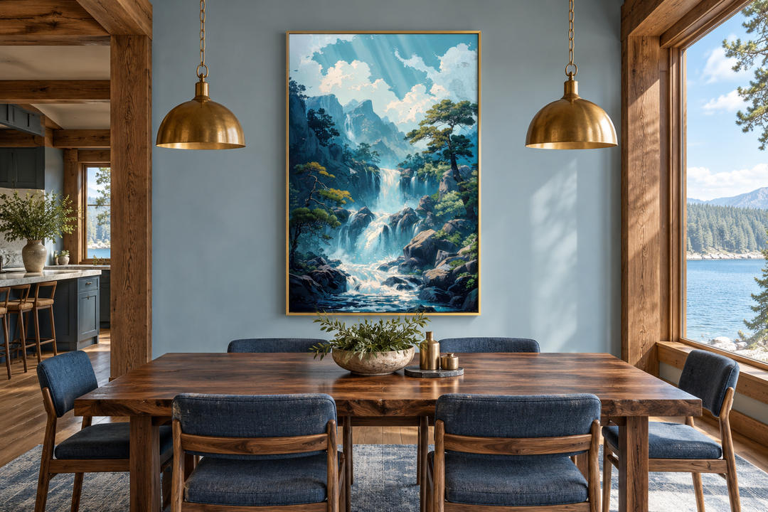 Blue Waterfall Framed Canvas Wall Art in a gold frame hanging in a modern rustic dining room.