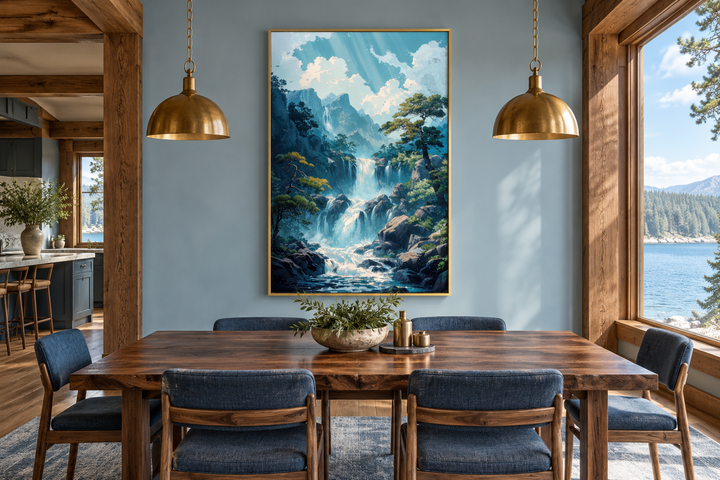 Blue Waterfall Framed Canvas Wall Art in a gold frame hanging in a modern rustic dining room.