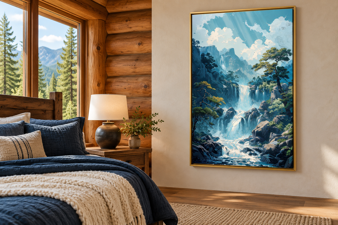 Blue Waterfall Framed Canvas Wall Art in a gold frame hanging in a rustic log cabin bedroom.