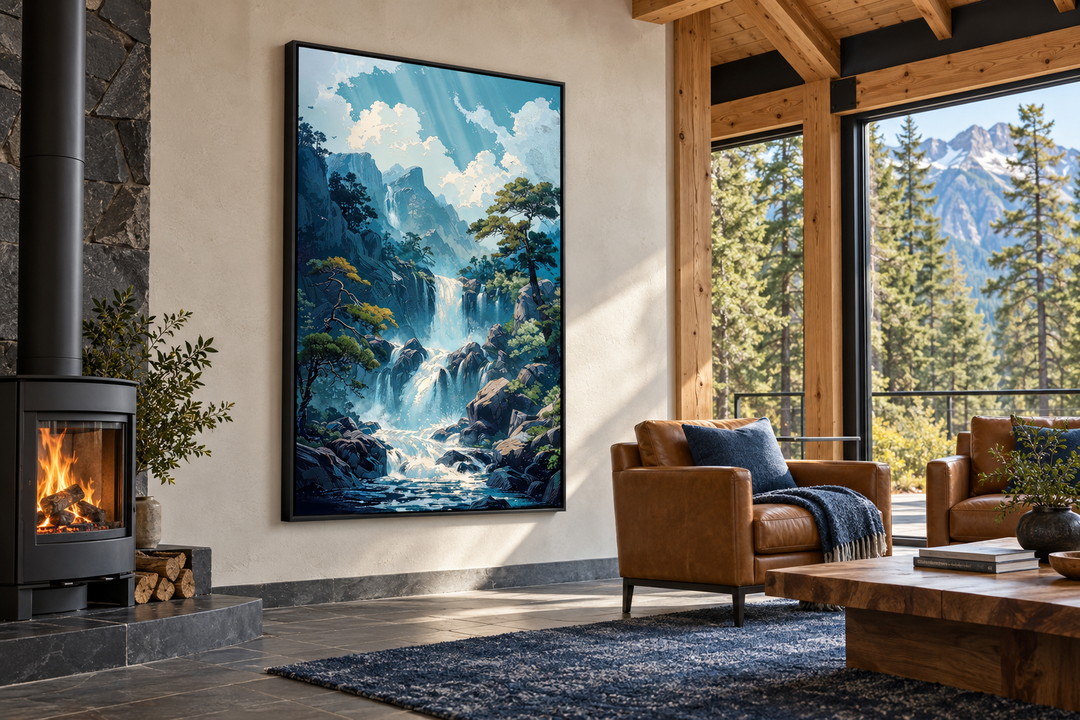 Blue Waterfall Framed Canvas Wall Art in a black frame hanging in a modern cabin living room.