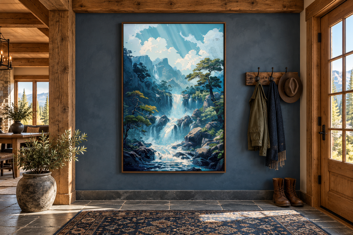 Blue Waterfall Framed Canvas Wall Art in a vertical walnut frame hanging in a rustic entryway.