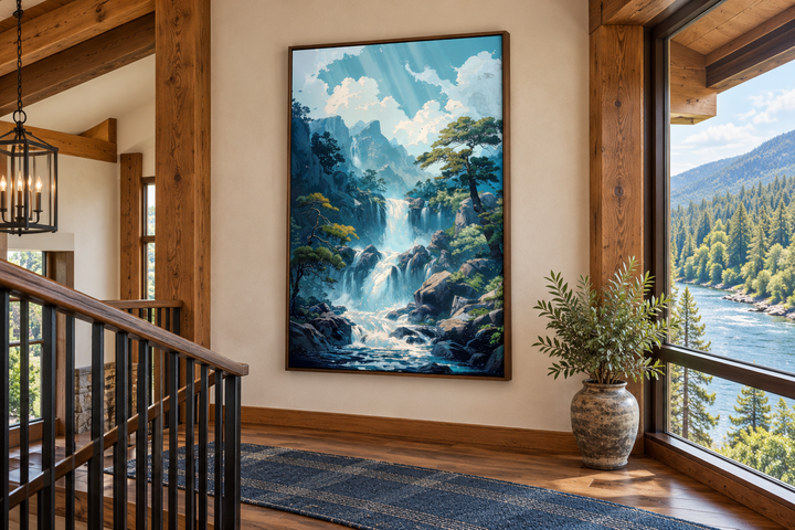 Blue Waterfall Framed Canvas Wall Art in a vertical orientation on a rustic cabin wall.