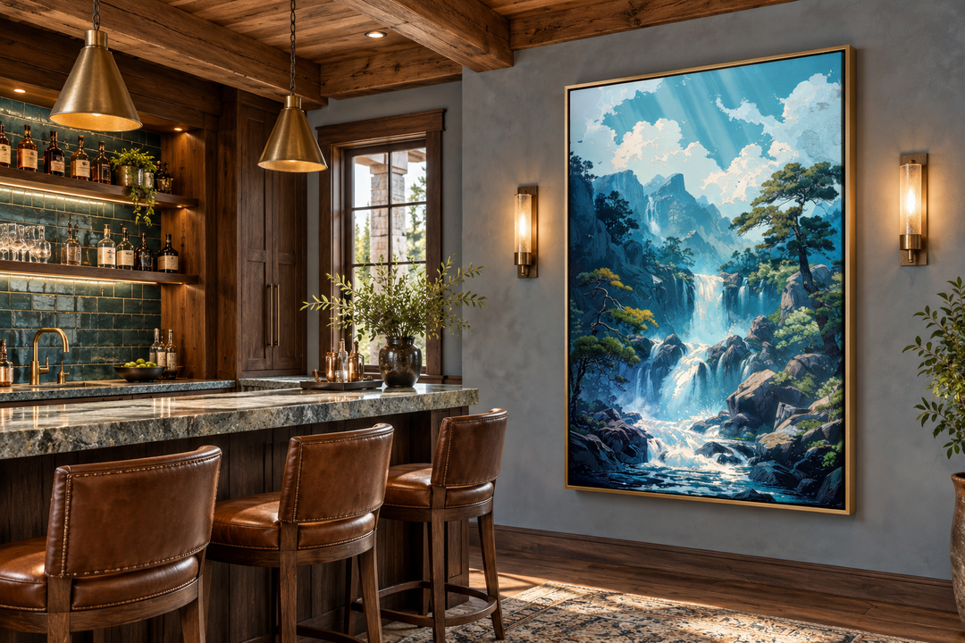 Vertical framed canvas wall art of a blue mountain waterfall in a rustic home bar setting.