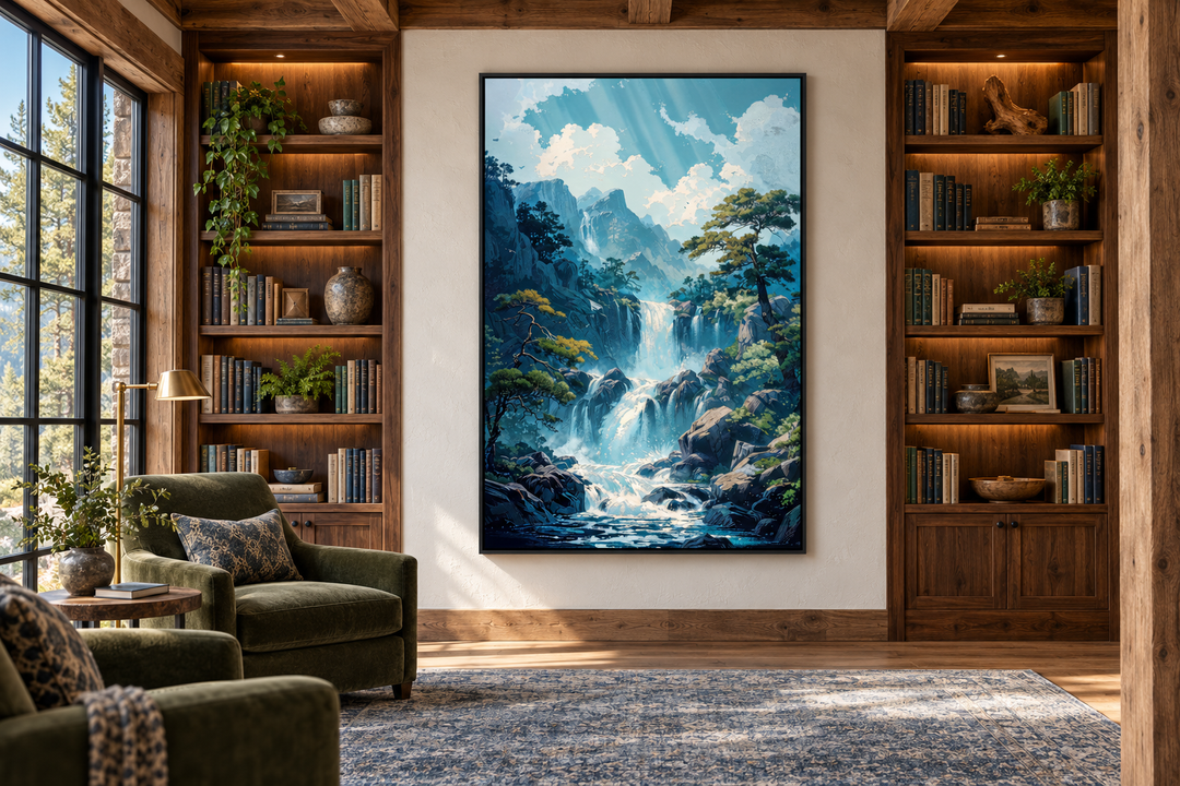 Blue Waterfall Framed Canvas Wall Art in a vertical orientation hanging in a rustic library.