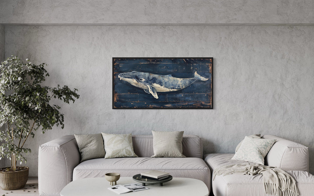 Blue Whale Painting on Navy Blue Distressed Wood Nautical Framed Canvas Wall Art