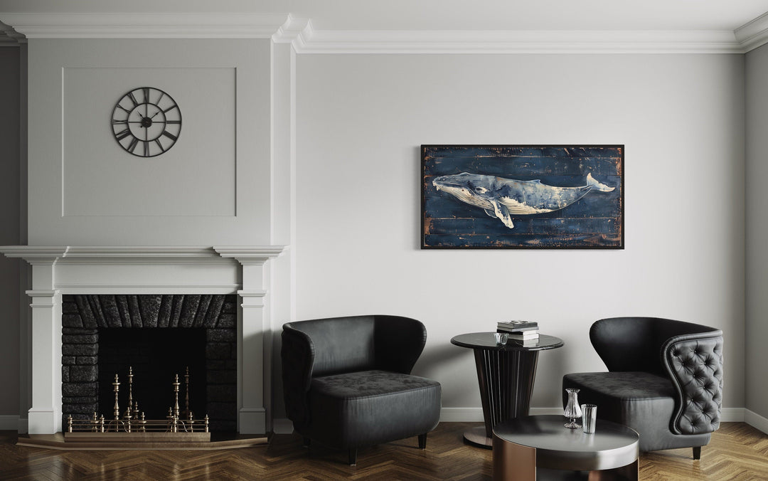 Blue Whale Wall Art – Nautical Distressed Wood Frame Coastal Canvas Print