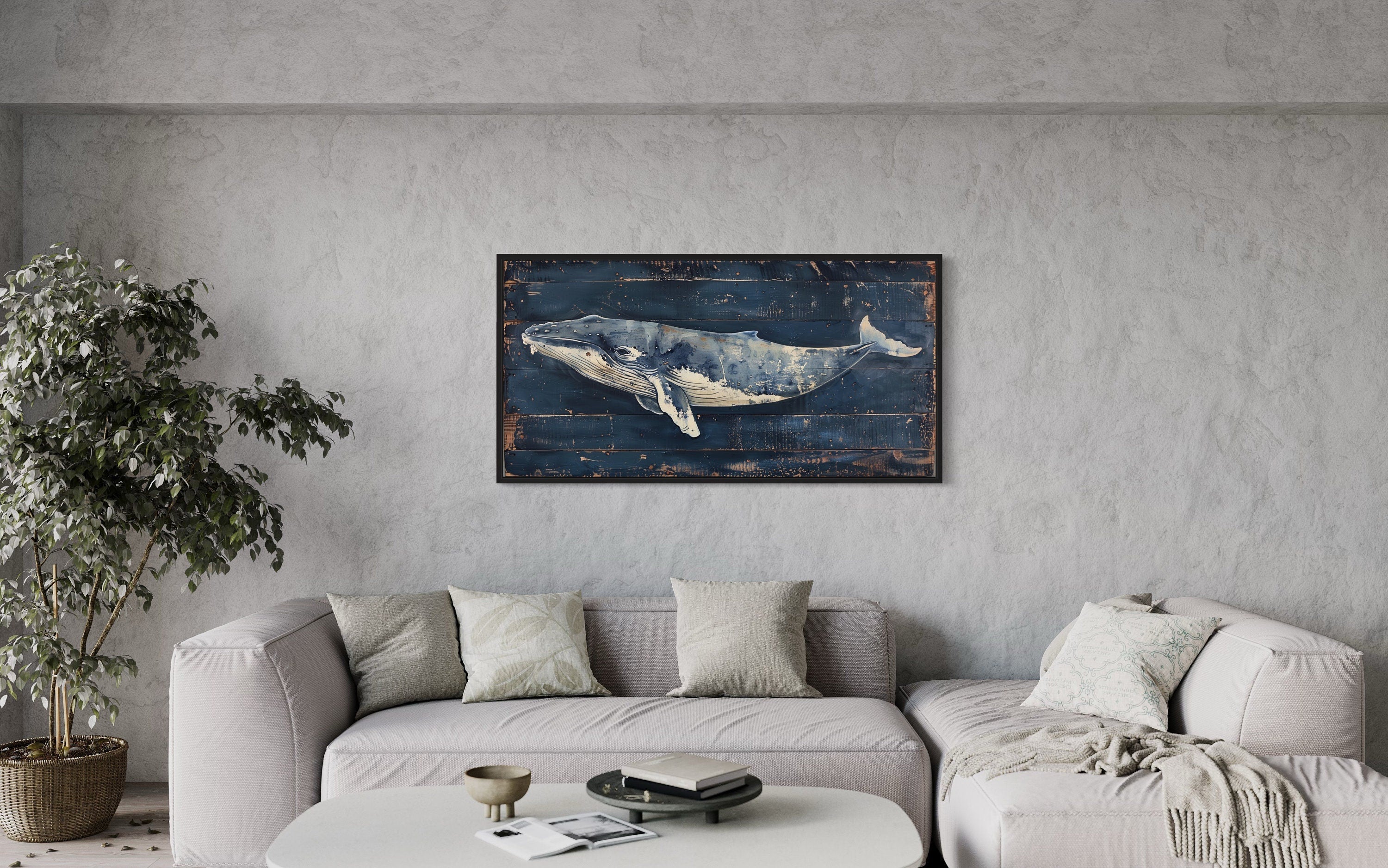 Blue Whale Wall Art: Nautical Distressed Wood Frame Canvas – Wall