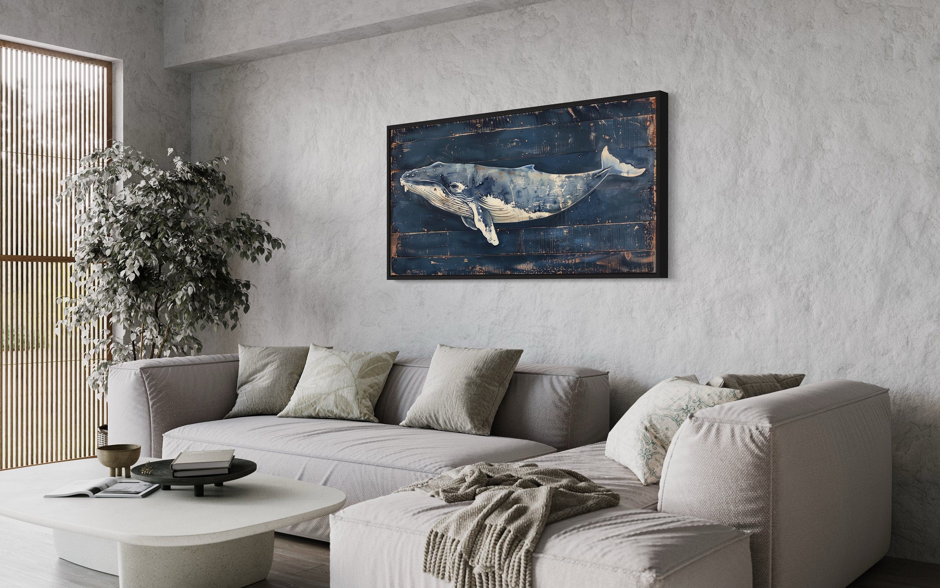 Blue Whale Wall Art: Nautical Distressed Wood Frame Canvas – Wall