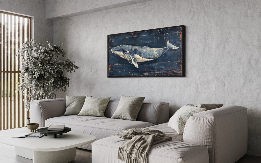 Blue Whale Wall Art – Nautical Distressed Wood Frame Coastal Canvas Print
