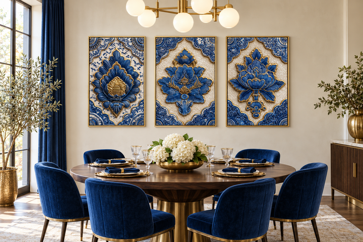 Set of 3 blue and gold Azulejo tile canvas wall art panels in a dining room above a round table.