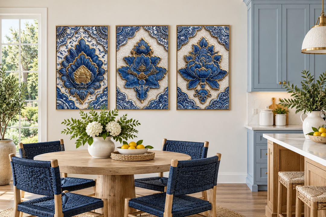 Set of 3 blue and gold azulejo tile canvas wall art panels in a bright dining room.
