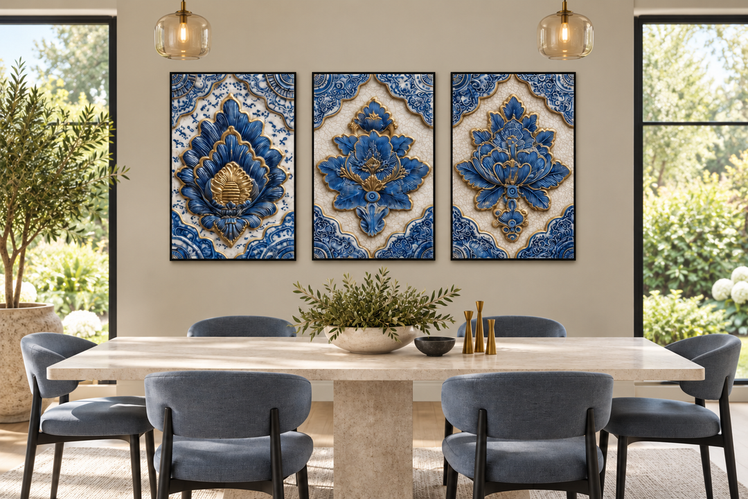 Set of 3 blue and gold Azulejo tile canvas wall art in a modern dining room with blue chairs.