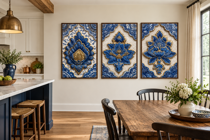 Set of 3 blue and gold Azulejo tile canvas wall art panels in a modern kitchen and dining room.