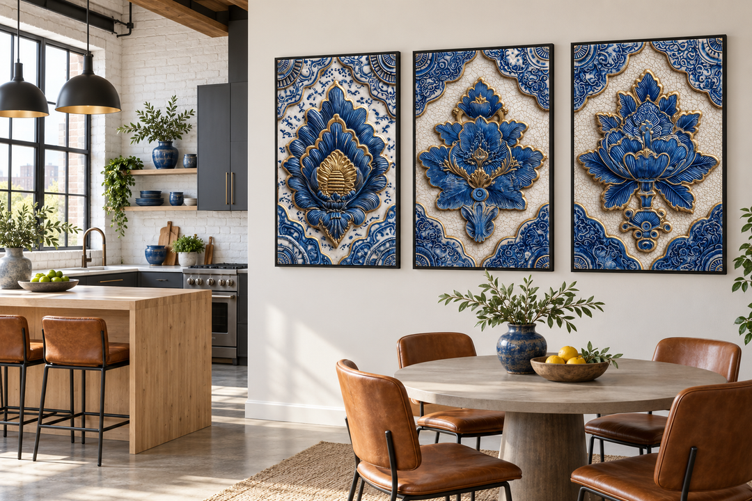Set of 3 blue and gold Azulejo tile canvas prints in black frames on a kitchen wall.