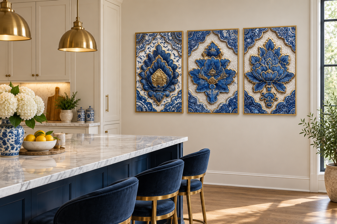 Set of 3 blue and gold azulejo tile canvas wall art panels in a modern kitchen with marble island.