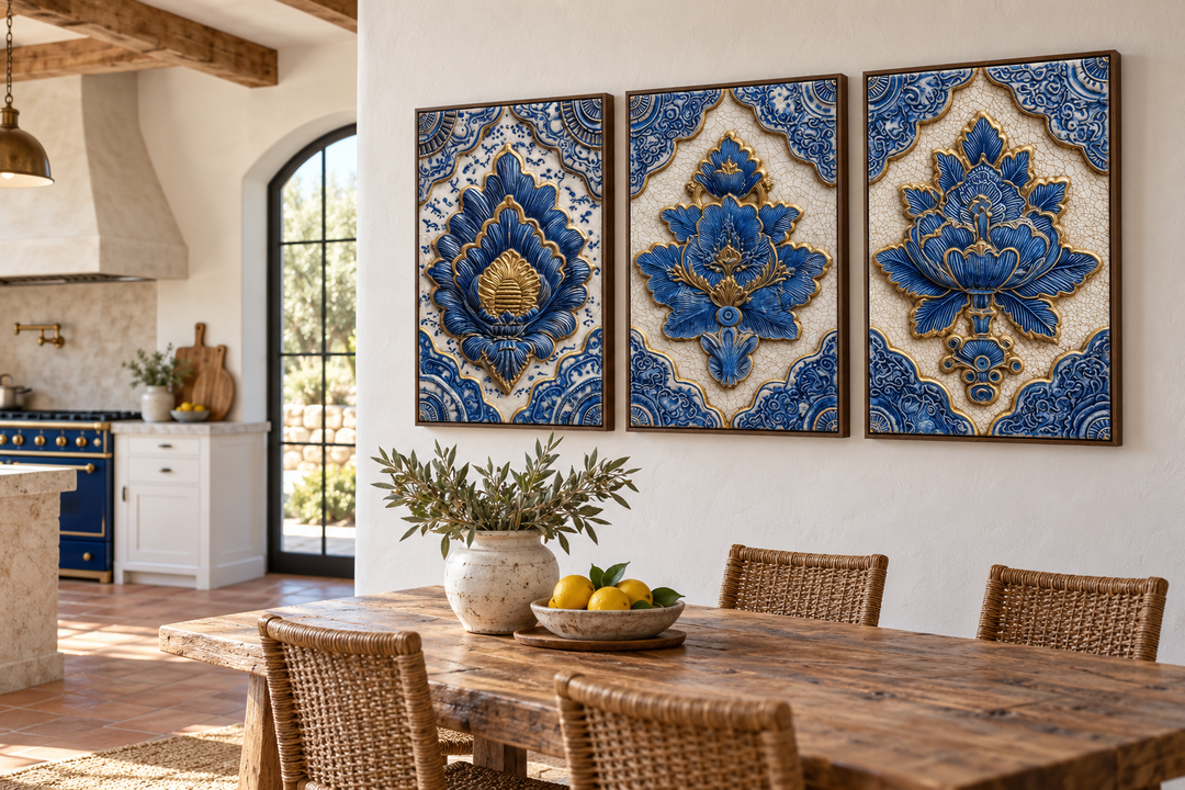 Set of 3 blue and gold azulejo tile canvas wall art panels in walnut frames above a dining table.