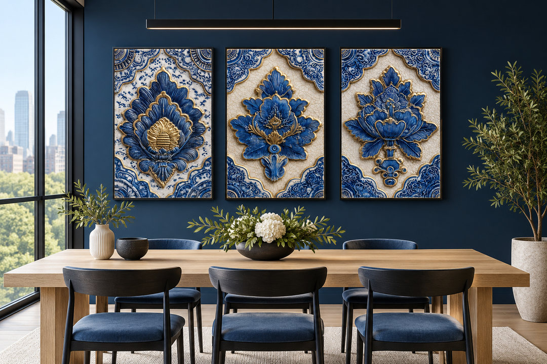 Set of 3 blue and gold Azulejo tile canvas wall art in a modern dining room with a blue wall.
