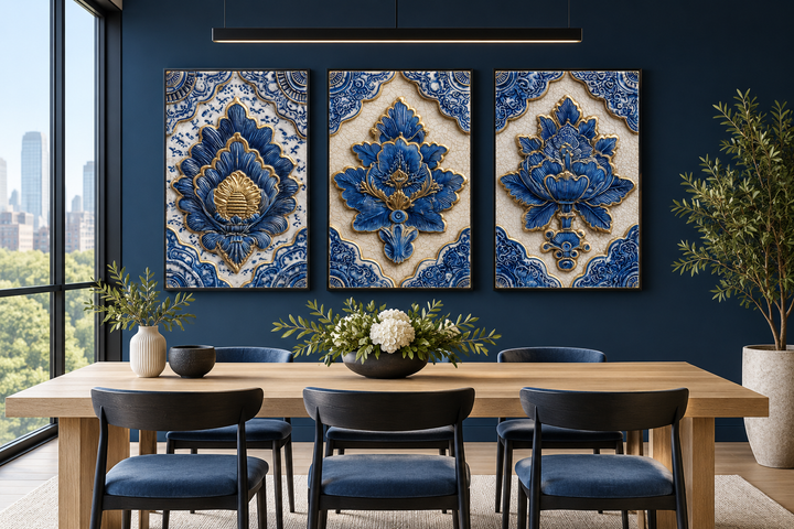 Set of 3 blue and gold Azulejo tile canvas wall art in a modern dining room with a blue wall.