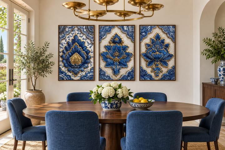 Set of 3 blue and gold Azulejo tile canvas wall art panels in a Mediterranean dining room.