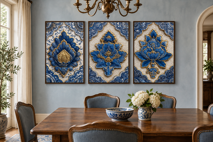 Set of 3 blue and gold azulejo tile canvas wall art panels in a traditional dining room setting.