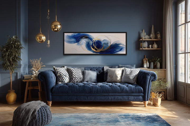 Blue White Gold Minimalist Abstract Narrow Horizontal Above Bed Wall Art
