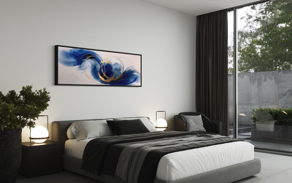 Blue White Gold Minimalist Abstract Narrow Horizontal Above Bed Wall Art