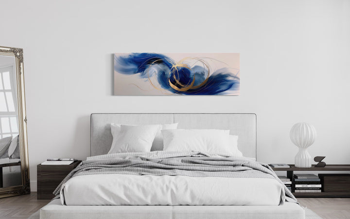 Blue White Gold Minimalist Abstract Narrow Horizontal Above Bed Wall Art