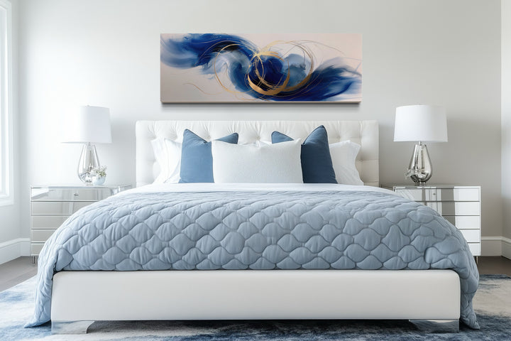 Blue White Gold Minimalist Abstract Narrow Horizontal Above Bed Wall Art