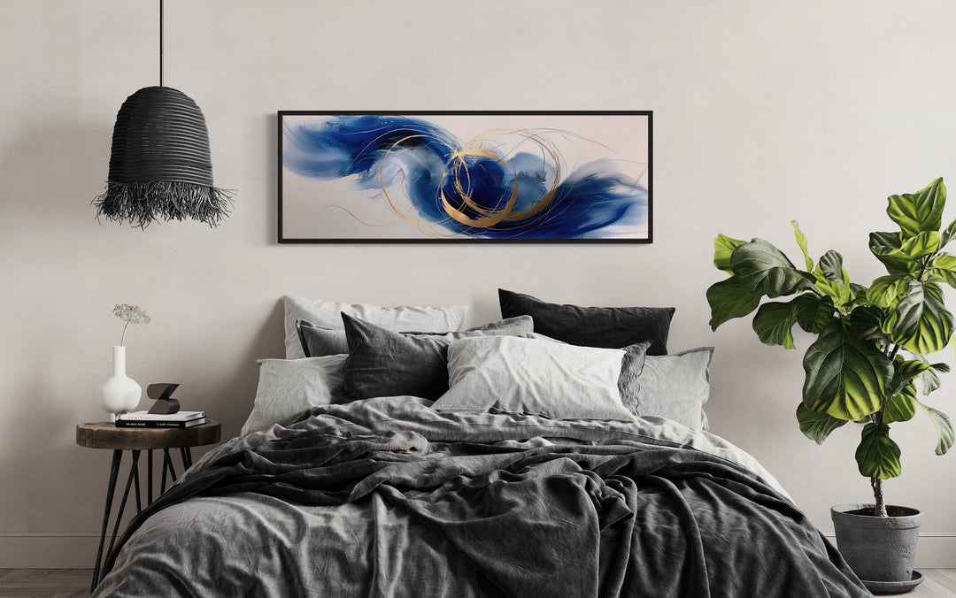 Blue White Gold Minimalist Abstract Narrow Horizontal Above Bed Wall Art