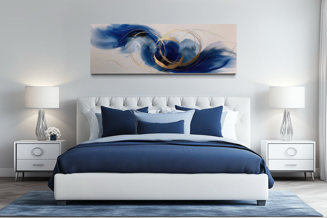 Blue White Gold Minimalist Abstract Narrow Horizontal Above Bed Wall Art