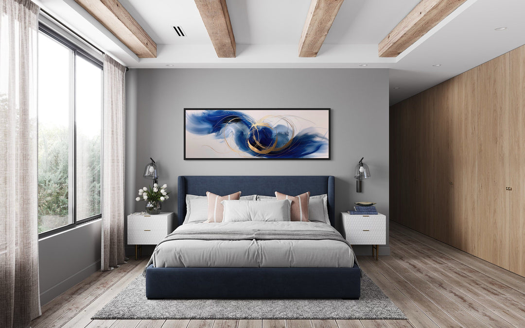 Blue White Gold Minimalist Abstract Narrow Horizontal Above Bed Wall Art