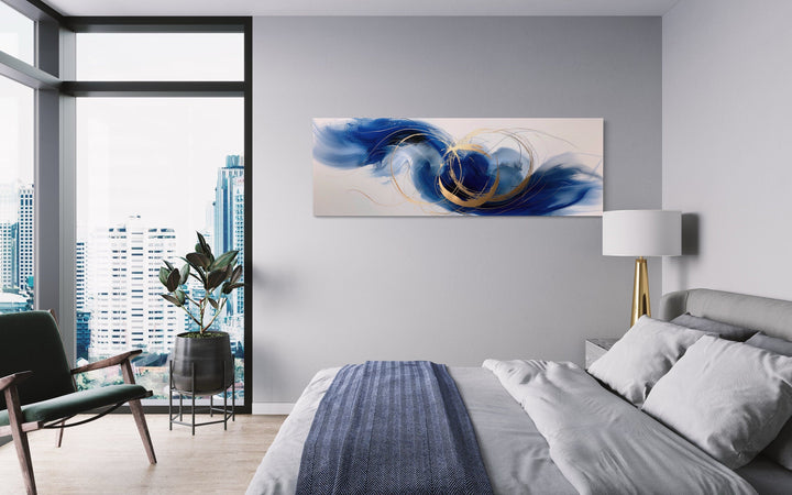 Blue White Gold Minimalist Abstract Narrow Horizontal Above Bed Wall Art