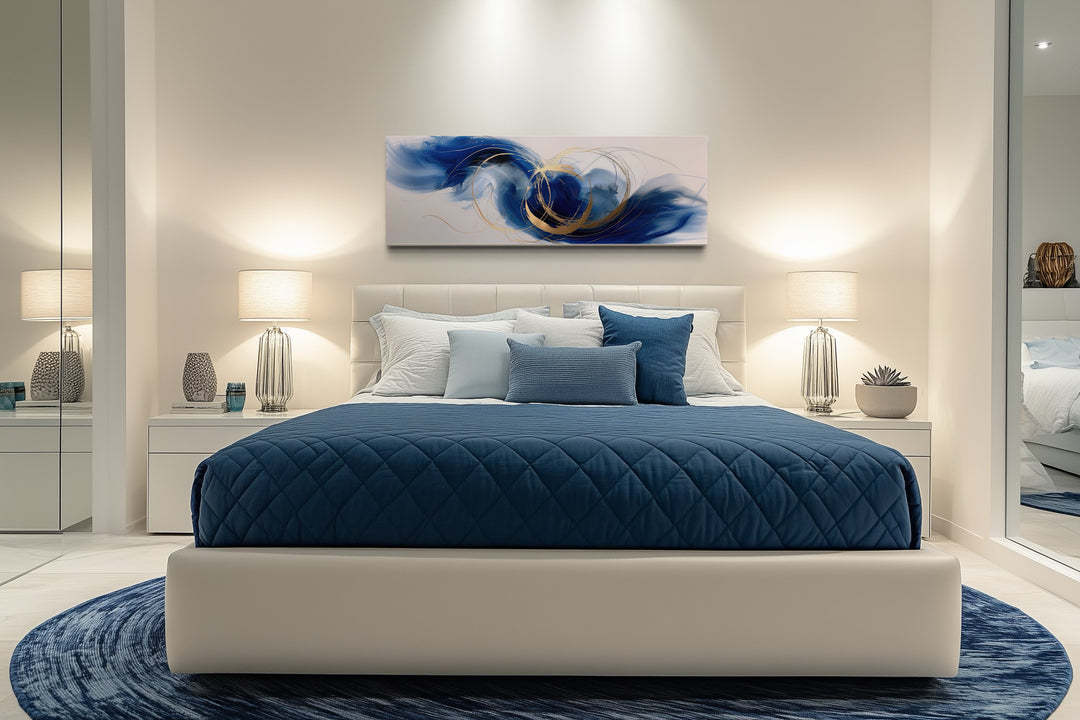 Blue White Gold Minimalist Abstract Narrow Horizontal Above Bed Wall Art