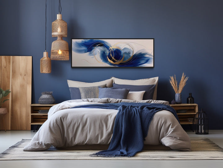 Blue White Gold Minimalist Abstract Narrow Horizontal Above Bed Wall Art