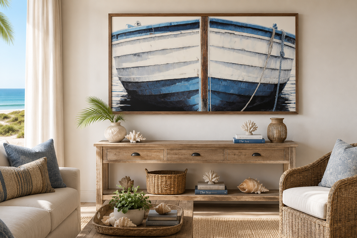 Large framed canvas wall art of a rustic blue and white boat hull in a coastal living room.