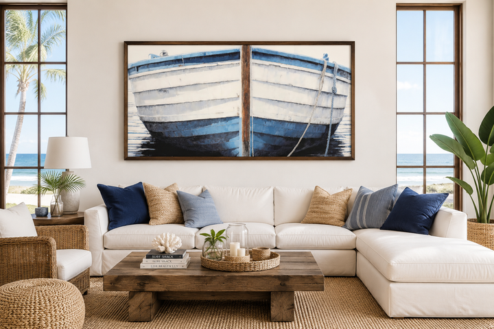 Large framed canvas wall art of a rustic blue and white boat in a coastal living room.