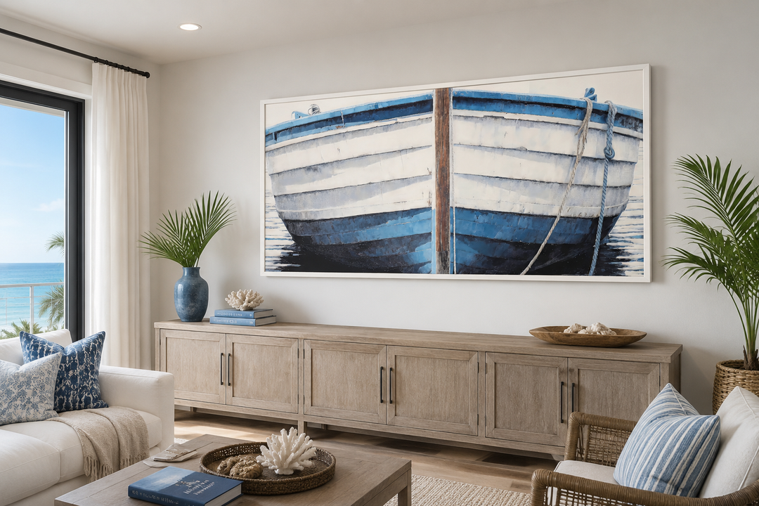 Extra large blue and white rustic boat painting canvas wall art in a coastal living room setting.