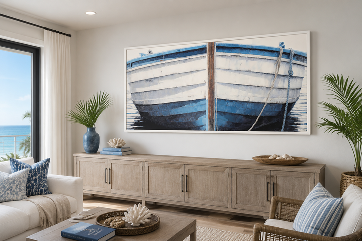 Extra large blue and white rustic boat painting canvas wall art in a coastal living room setting.