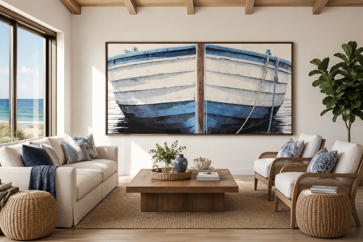 Large horizontal canvas wall art of a rustic blue and white boat in a coastal living room.